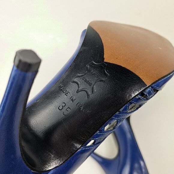 cobalt blue low heel italian leather shoe peep toe vintage size 5 retro fancy - Picture 10 of 10